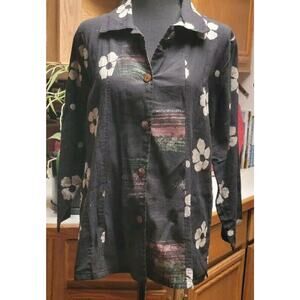 Black Collared Button Up Shirt Gray Flowers Multi Colored Patches Size L